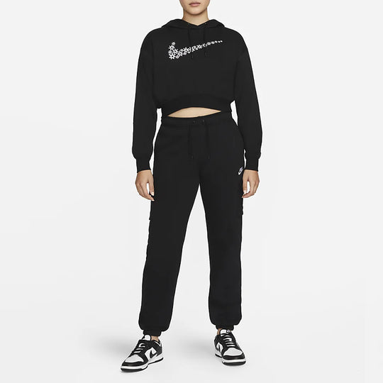 (WMNS) Nike Sportswear Logo Embroidered Loose Fleece Hoodie Black DO7257-010