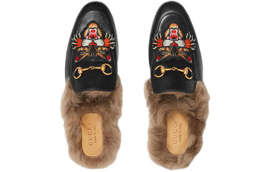 Gucci Tiger Head Embroidered Leather One Pedal Flat Shoes Black Fleece Lined 478285-DKHH0-1063